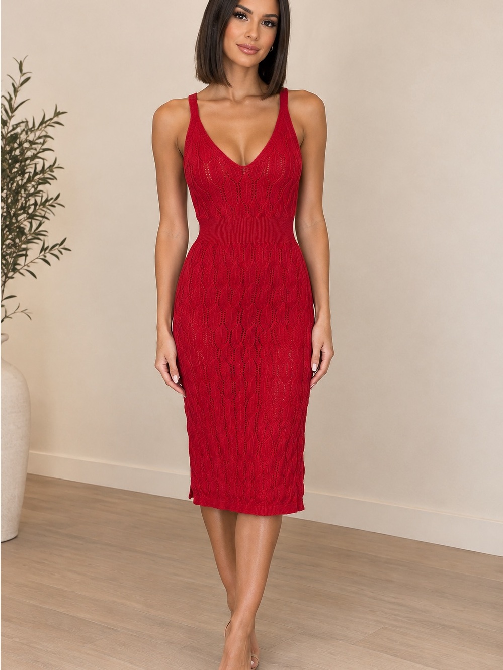 Red Knit V-Neck Midi Dress